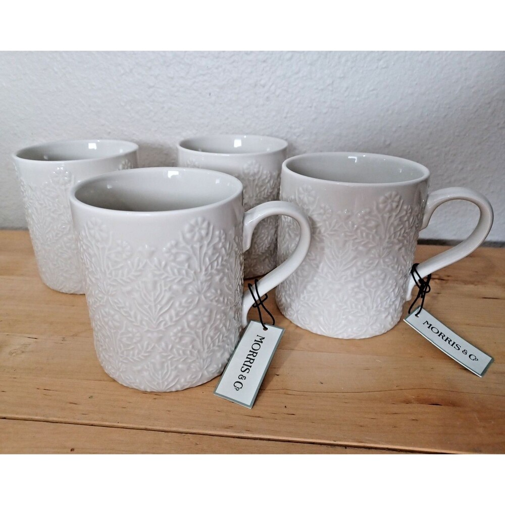 Morris & Co Coffee Tea Mug Set Fine Porcelain White Garden Floral Embossed 4 Pcs